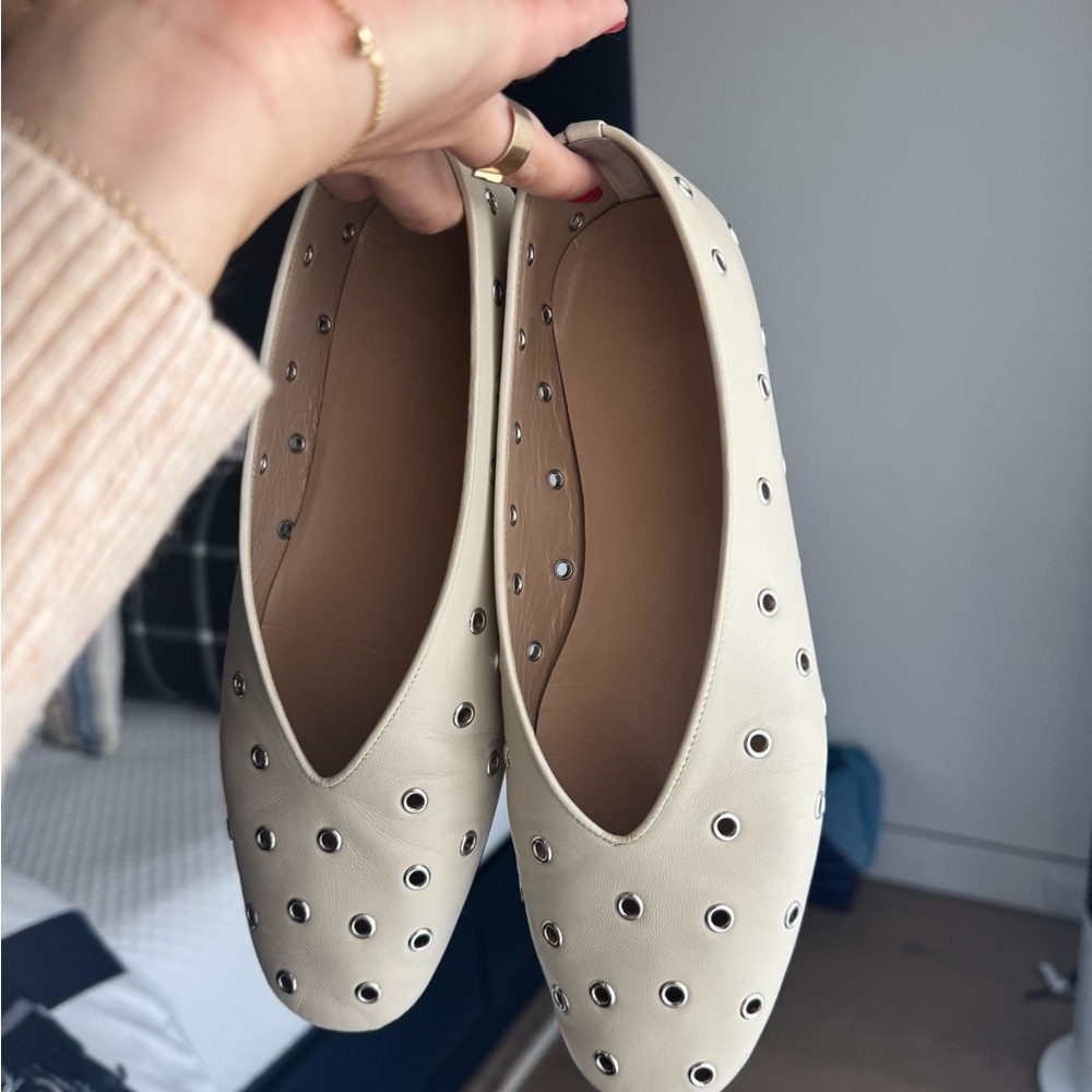 Leather Eyelet Ballet Flats in Cream